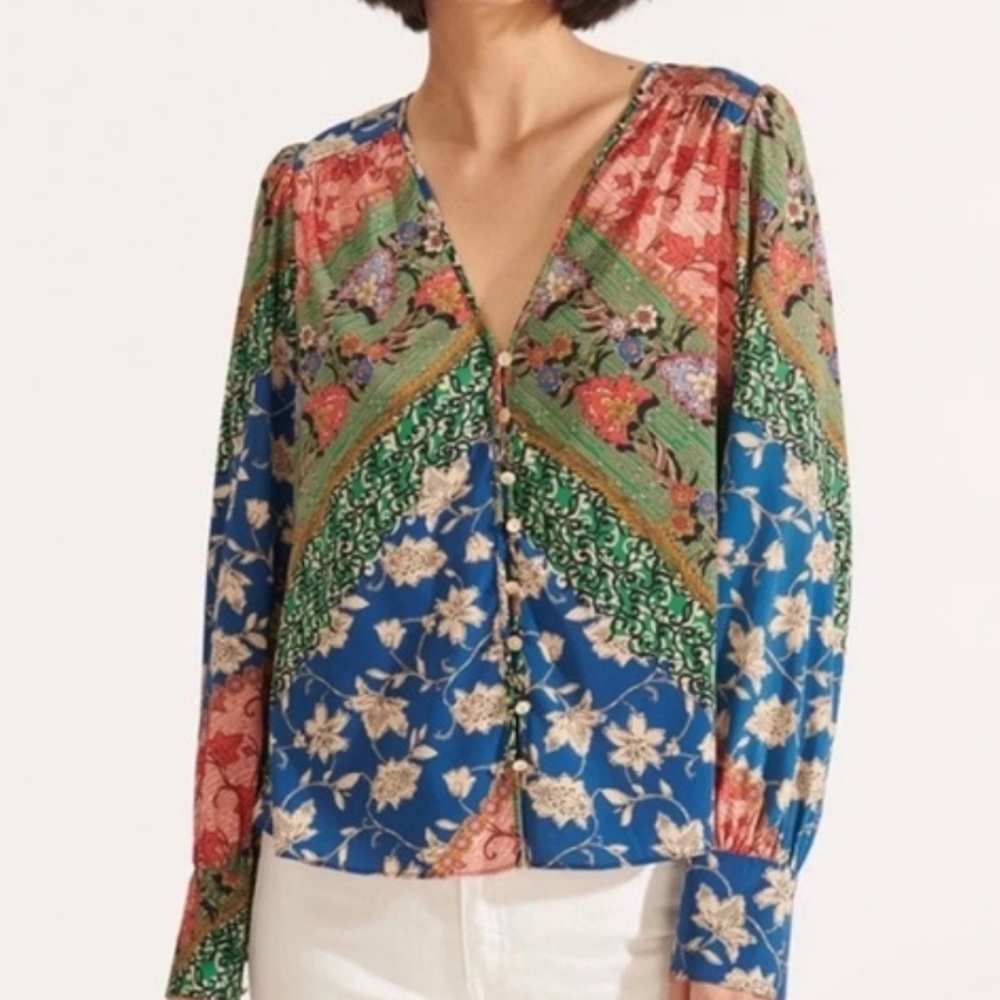Veronica Beard Sura Floral Mix Media Silk Blouse Long Sleeve Size 0